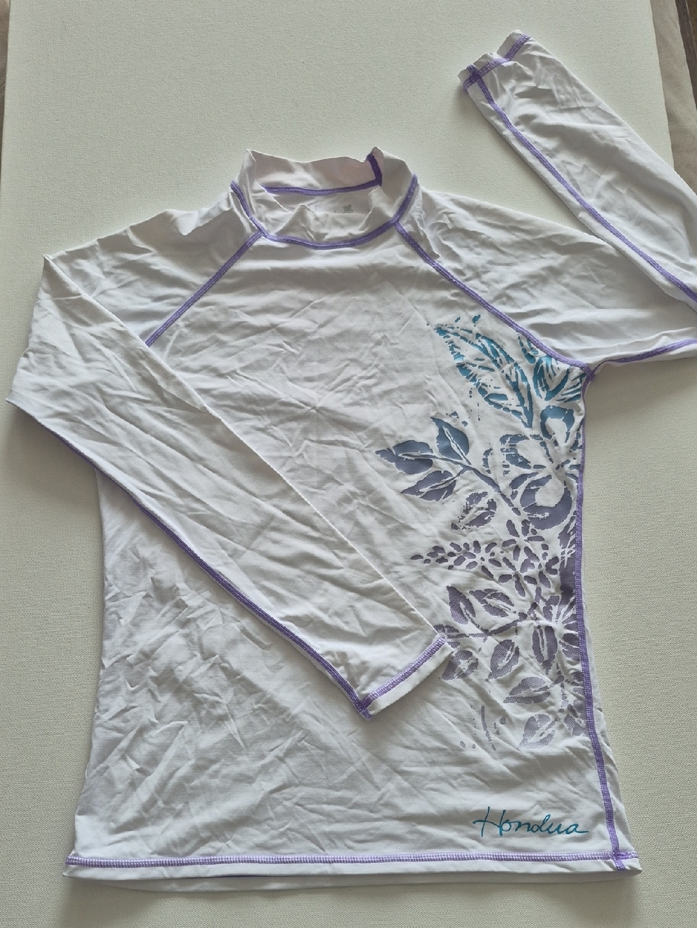 Honolua Wahine White Rash Guard Swim Shirt with Purple Trim